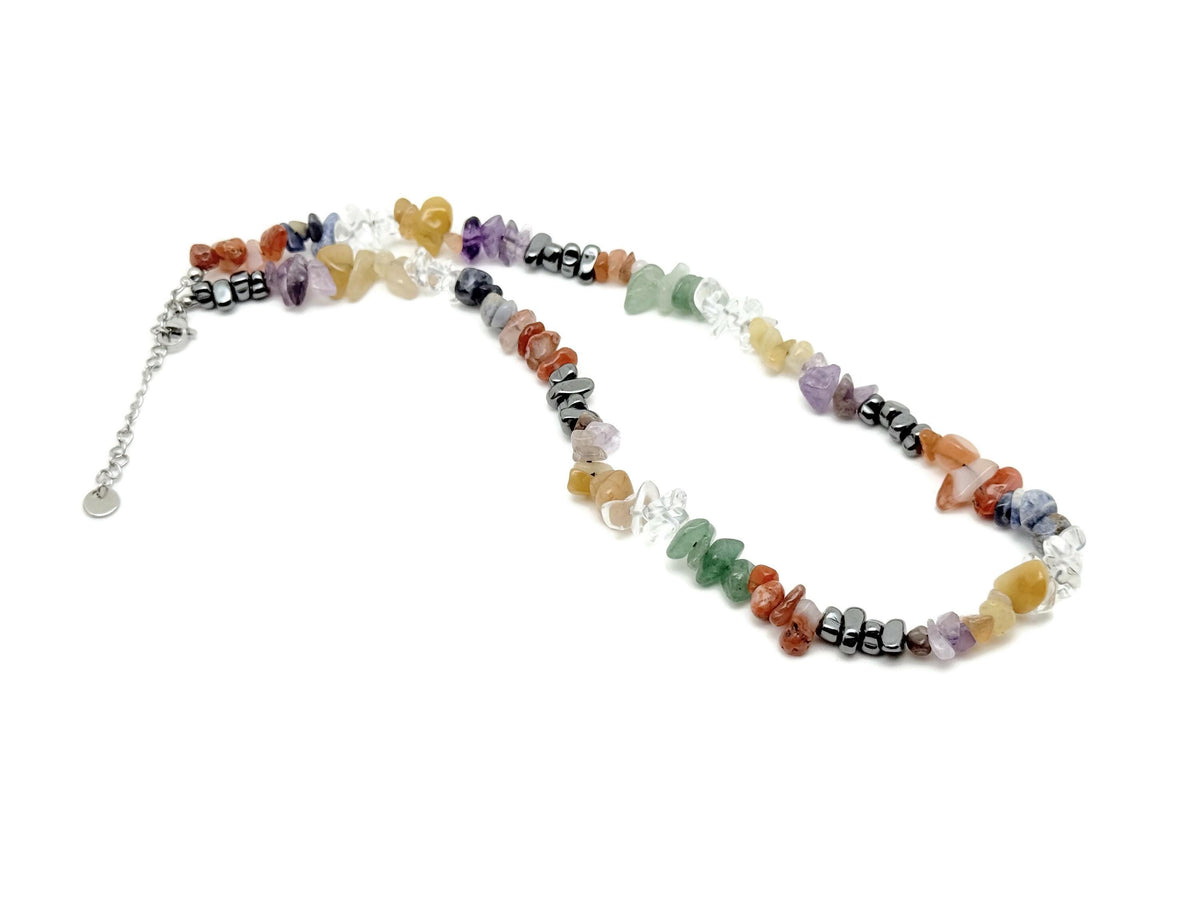 Multi-stone crystal chip necklace with healing gemstones from GemstoneGO, featuring colorful gemstone chips on a delicate chain.