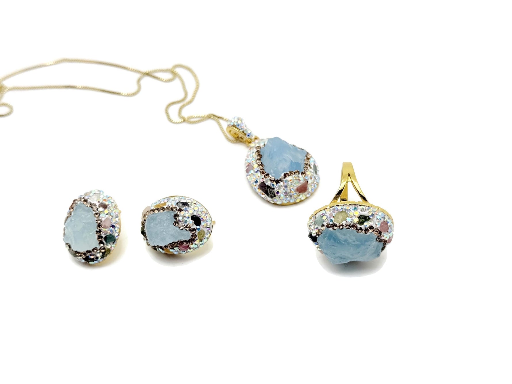 Handmade aquamarine jewelry set with boho chic design featuring matching necklace and earrings by GemstoneGO.