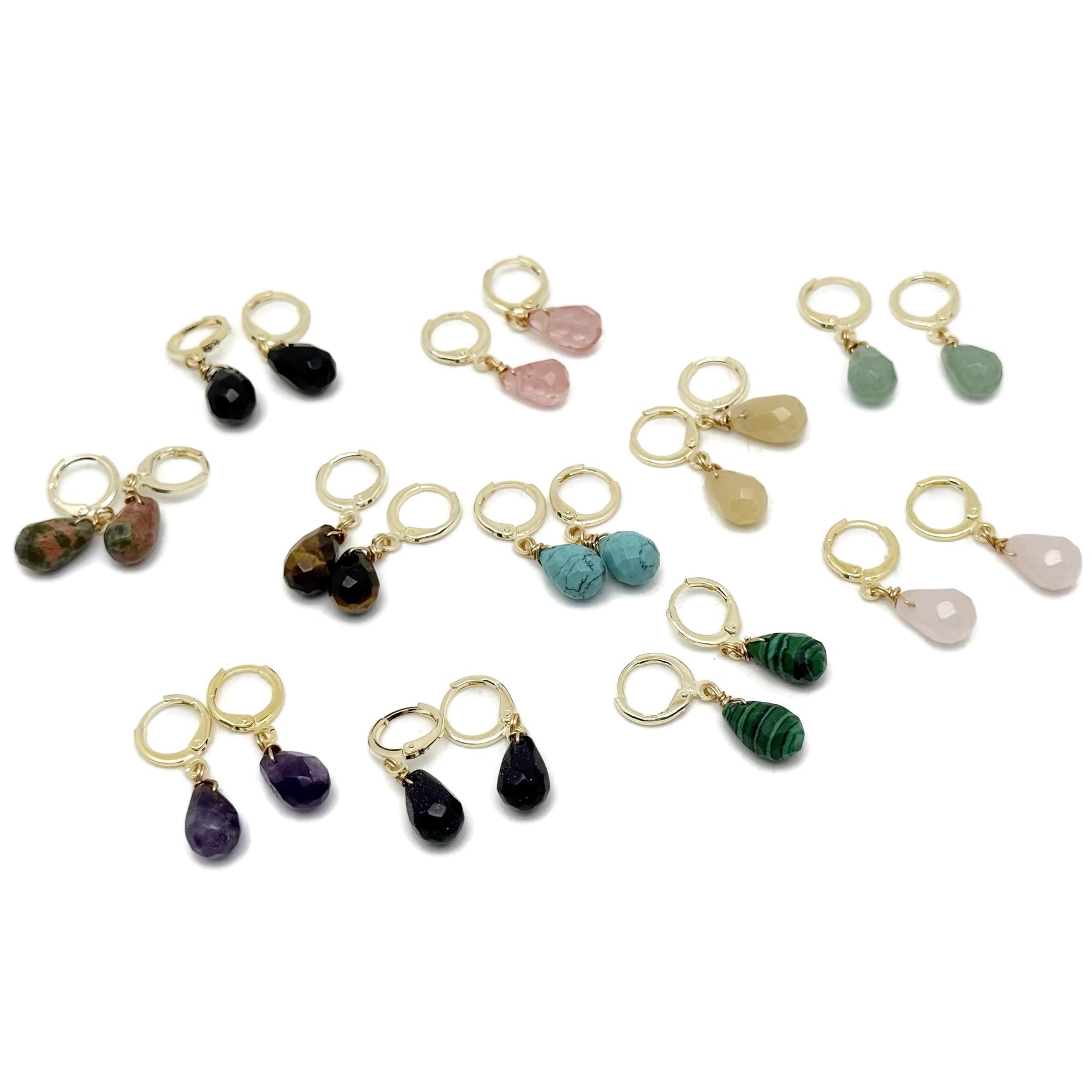 Gold plated gemstone drop hoop earrings with minimalist design, featuring natural colorful gemstones from GemstoneGO.