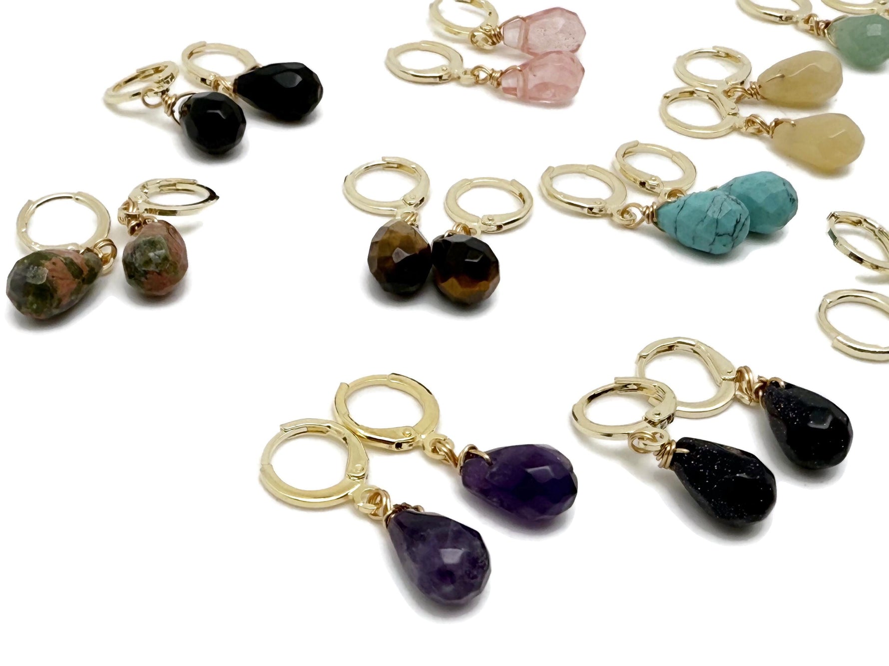 Gold plated natural gemstone drop hoop earrings with minimalist design and mixed gemstone accents by GemstoneGO.
