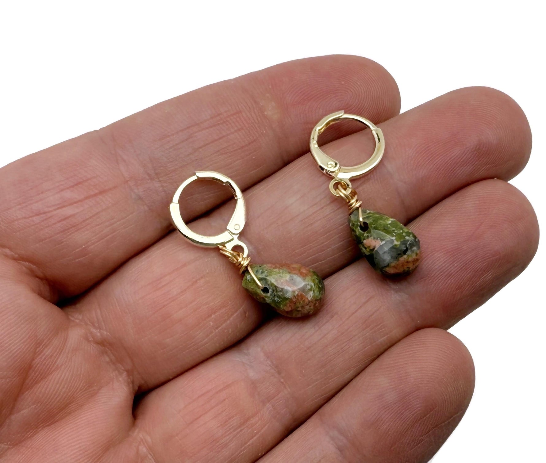 Gold plated gemstone drop hoop earrings with minimalist design and mixed natural gemstones, stylish jewelry by GemstoneGO.