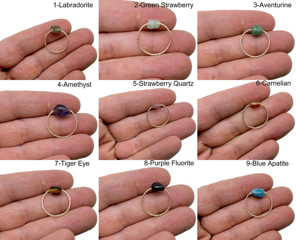Dainty gold wire rings with natural gemstone crystals from GemstoneGO, featuring mixed colorful gemstone accents.