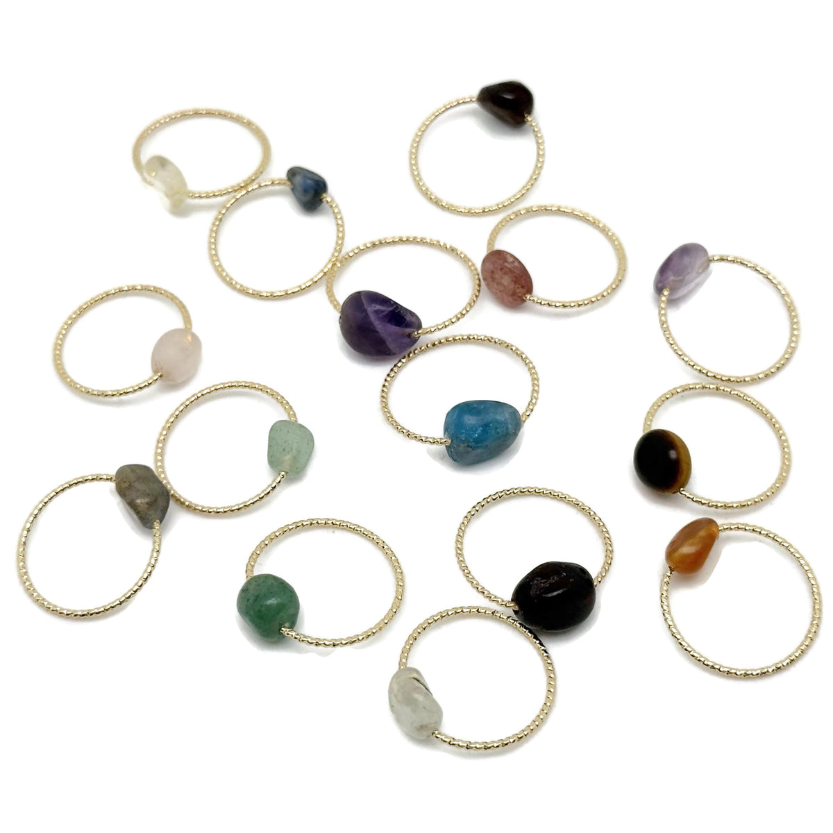 Dainty gemstone gold wire rings with natural crystals from GemstoneGO, featuring mixed colorful gemstone designs.