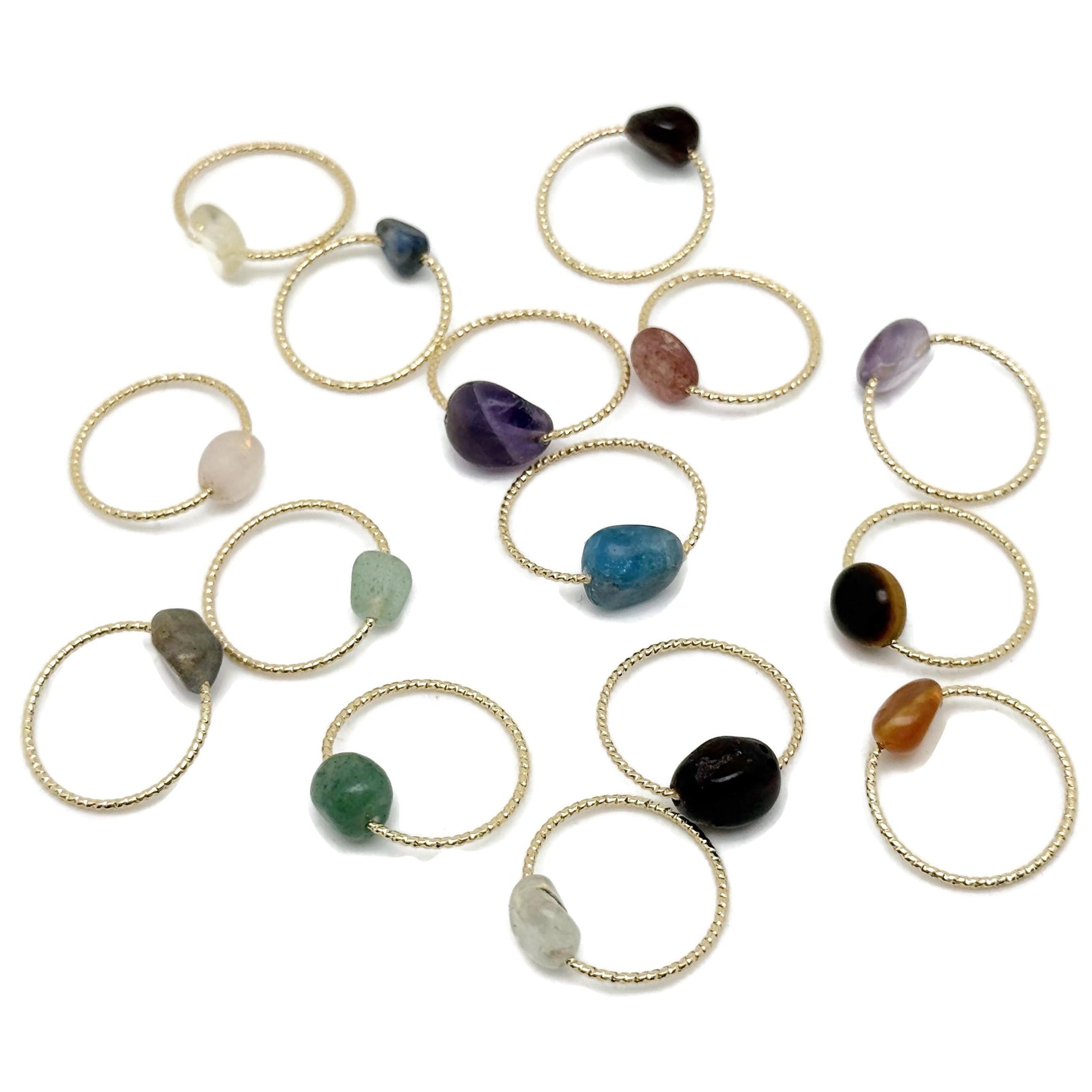 Dainty gemstone gold wire rings with natural crystals from GemstoneGO, featuring mixed colorful gemstone designs.
