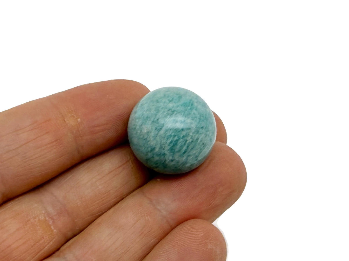 Amazonite gemstone sphere, 20mm crystal ball from GemstoneGO, showcasing vibrant blue-green mineral with natural patterns.