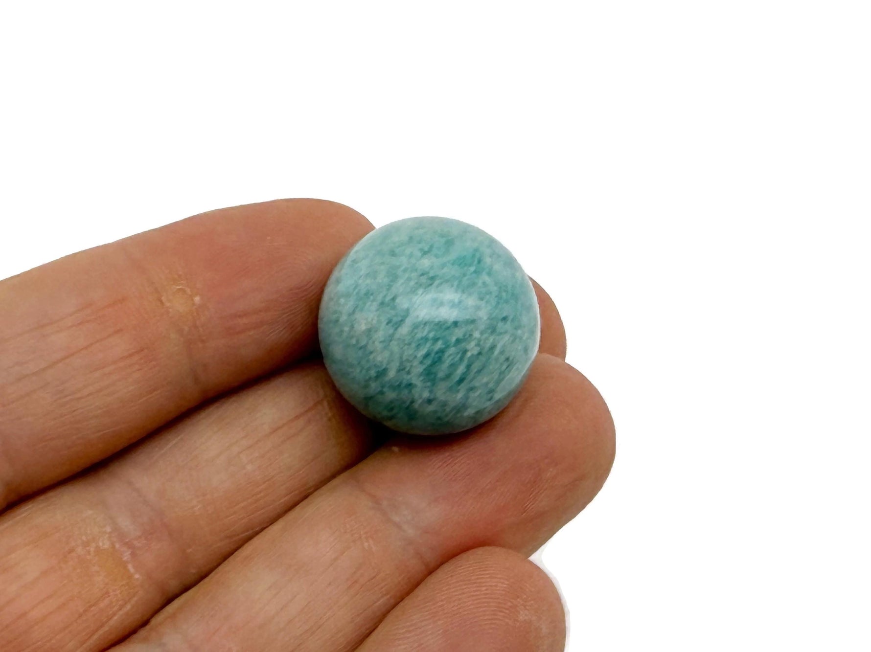 Amazonite gemstone sphere, 20mm crystal ball from GemstoneGO, showcasing vibrant blue-green mineral with natural patterns.
