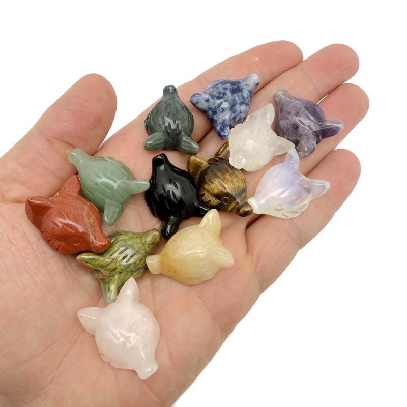 Handmade carved crystal fox head animal figure, 30mm gemstone sculpture from GemstoneGO in a mix of colorful stones.