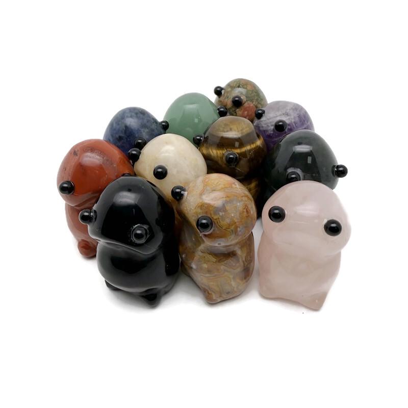 Handcrafted gemstone frog monster carving by GemstoneGO, detailed crystal creature statue with vibrant colors and intricate design.