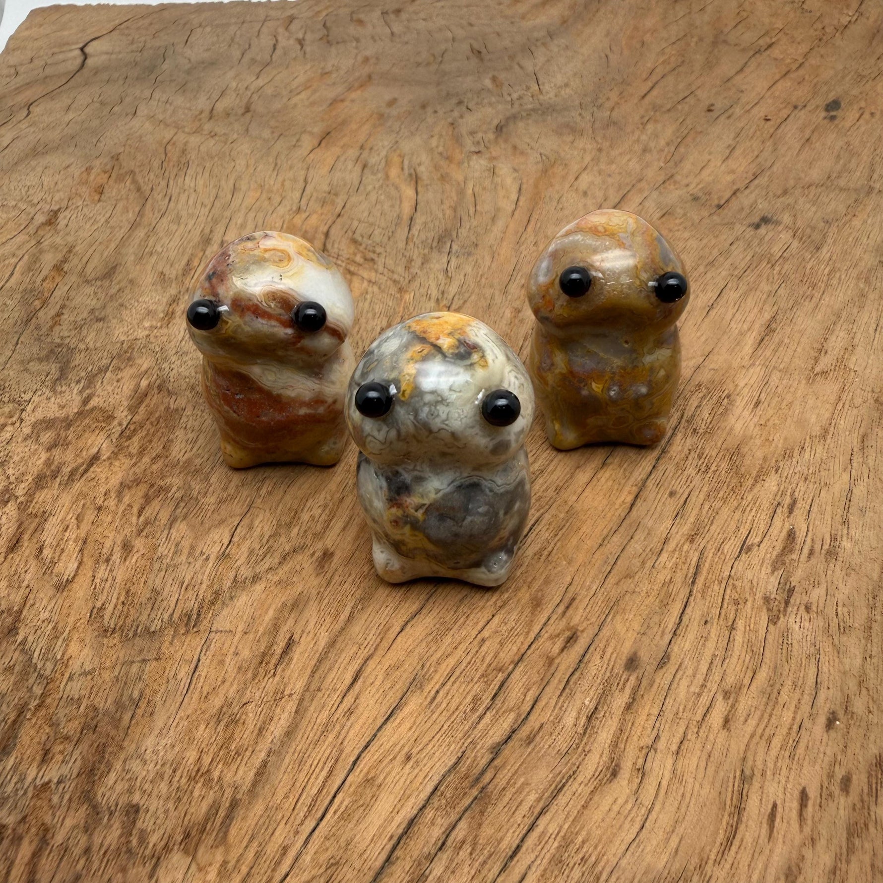 Handcrafted Crazy Lace Agate frog gemstone carving with intricate details, showcasing vibrant colors and a polished finish.