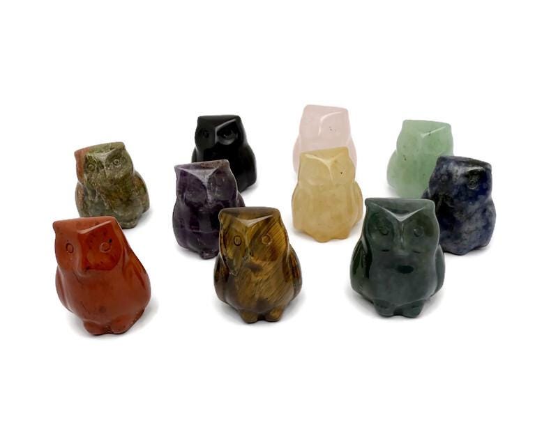 Handmade carved crystal owl animal figure, 30mm, gemstone sculpture with mixed colors from GemstoneGO.