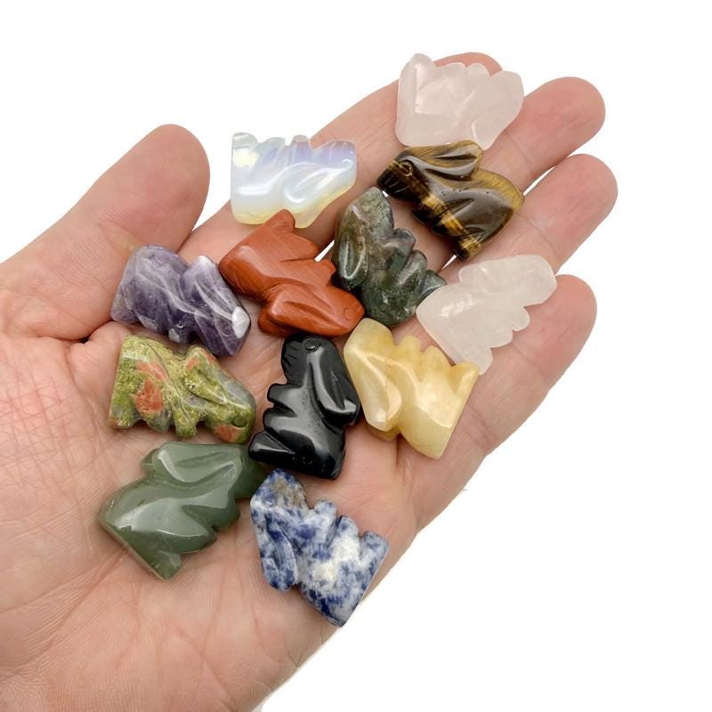 Handmade 30mm crystal rabbit animal figure by GemstoneGO, carved from colorful gemstones, detailed and decorative.