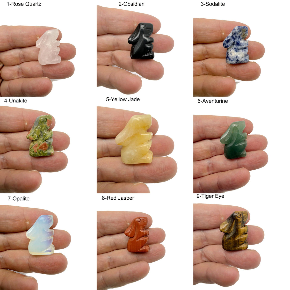 Handcrafted 30mm crystal rabbit animal figure by GemstoneGO, carved from colorful gemstones, showcasing intricate craftsmanship.