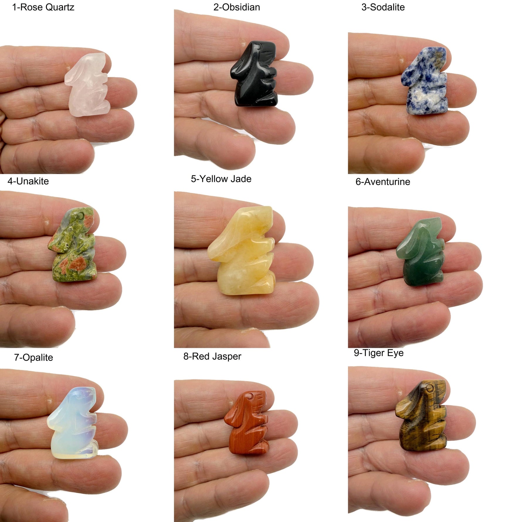 Handcrafted 30mm crystal rabbit animal figure by GemstoneGO, carved from colorful gemstones, showcasing intricate craftsmanship.
