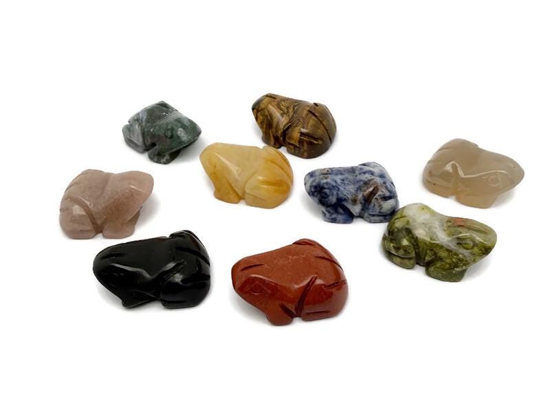 Handmade carved crystal frog animal figure from GemstoneGO, 30mm size, featuring a colorful mixed gemstone design.