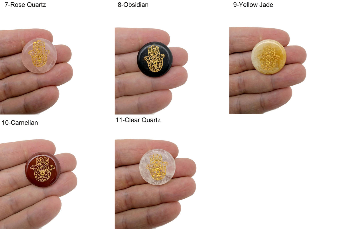 Engraved Hamsa Hand crystal from GemstoneGO with intricate designs, symbolizing protection, luck, and spiritual energy.