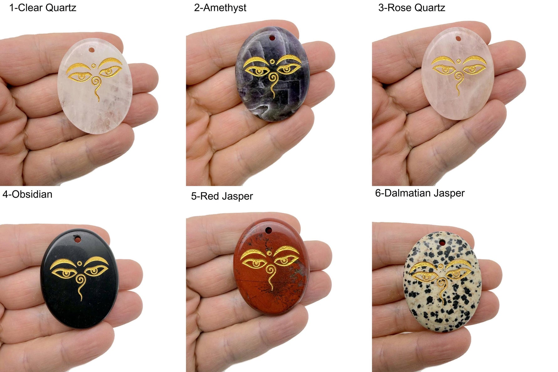 Engraved crystal amulet with Buddha eyes and spiritual symbols, drilled for jewelry or spiritual guidance, by GemstoneGO.