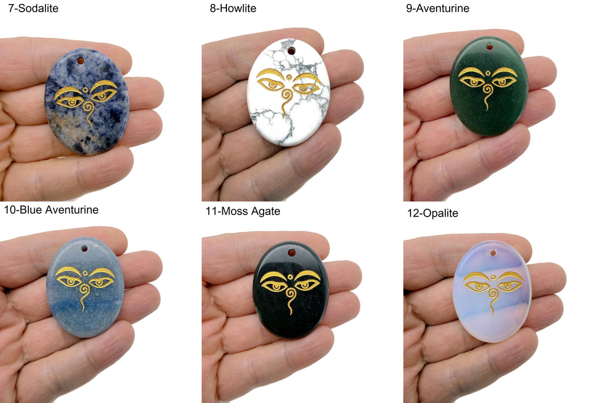 Crystal amulet with engraved Buddha eyes, drilled for spiritual insight and guidance, by GemstoneGO.