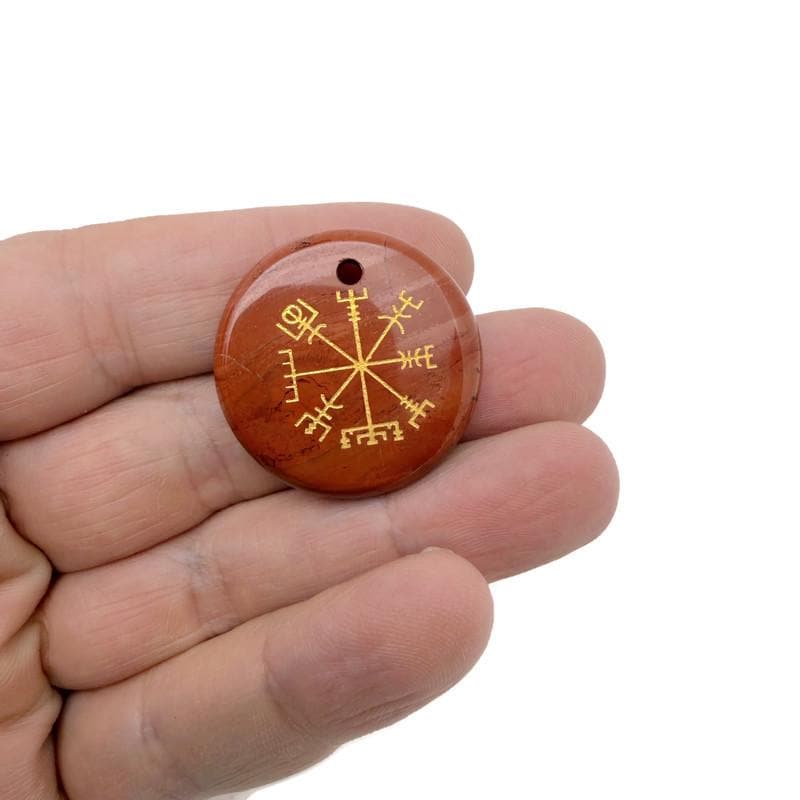 Drilled Vegvisir engraved crystal necklace featuring Viking navigation symbol, crafted by GemstoneGO, displayed against a neutral background.