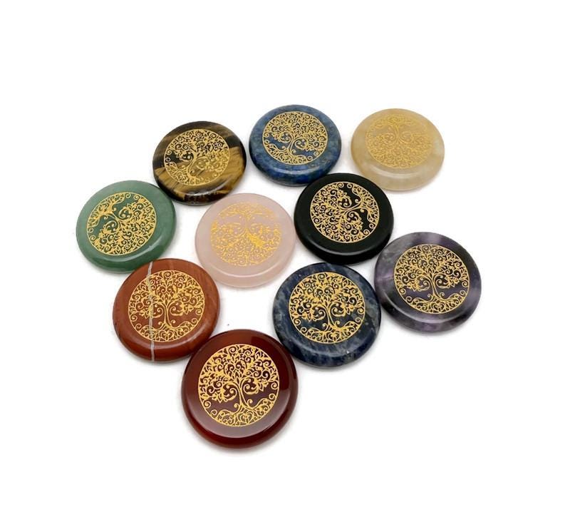 Tree of Life Engraved Crystal - Drilled Spiritual Connection Stone Amulet