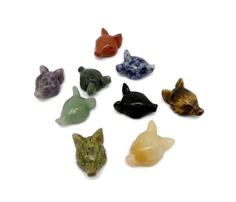 Handmade carved crystal fox head animal figure in various colors, 30mm size, from GemstoneGO.