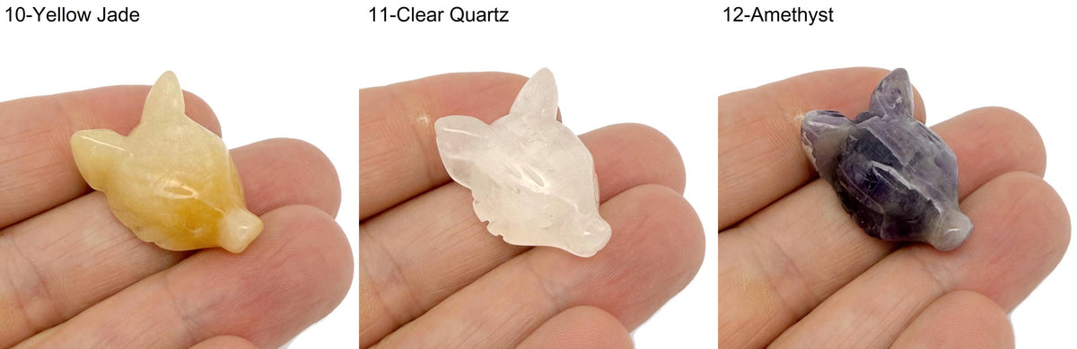 Handmade carved crystal fox head animal figure by GemstoneGO, 30mm, featuring intricate gemstone details and natural craftsmanship.
