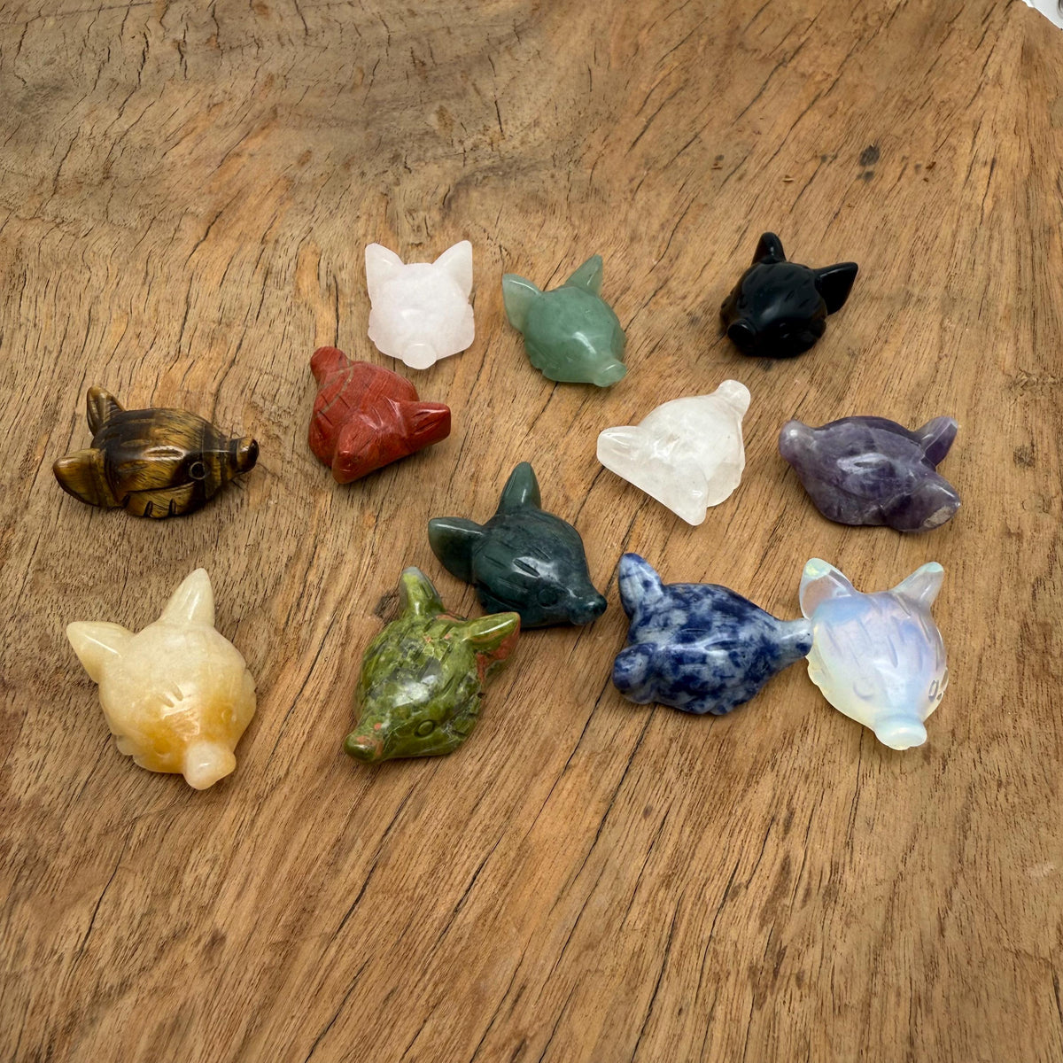 Handmade 30mm carved crystal fox head animal figure by GemstoneGO, showcasing detailed craftsmanship and vibrant gemstone colors.