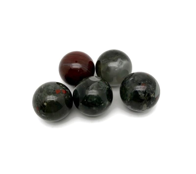 African Bloodstone sphere, 25mm crystal ball from GemstoneGO, showcasing deep green and red mineral patterns.