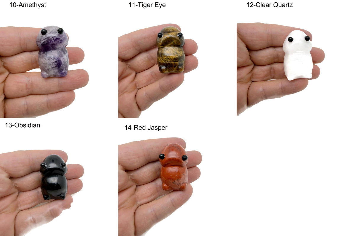 Handcrafted gemstone frog monster carving by GemstoneGO, a detailed creature statue made from colorful crystals.