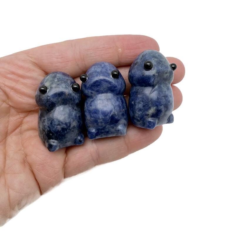 Handcrafted sodalite frog monster crystal carving with detailed gemstone features, showcasing a unique gemstone creature statue.