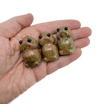 Handcrafted Unakite frog gemstone carving featuring vibrant green and pink hues, detailed creature statue from GemstoneGO.