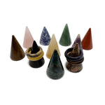 Carved gemstone ring holder cone by GemstoneGO, jewelry display stand for rings, featuring colorful mixed gemstones.