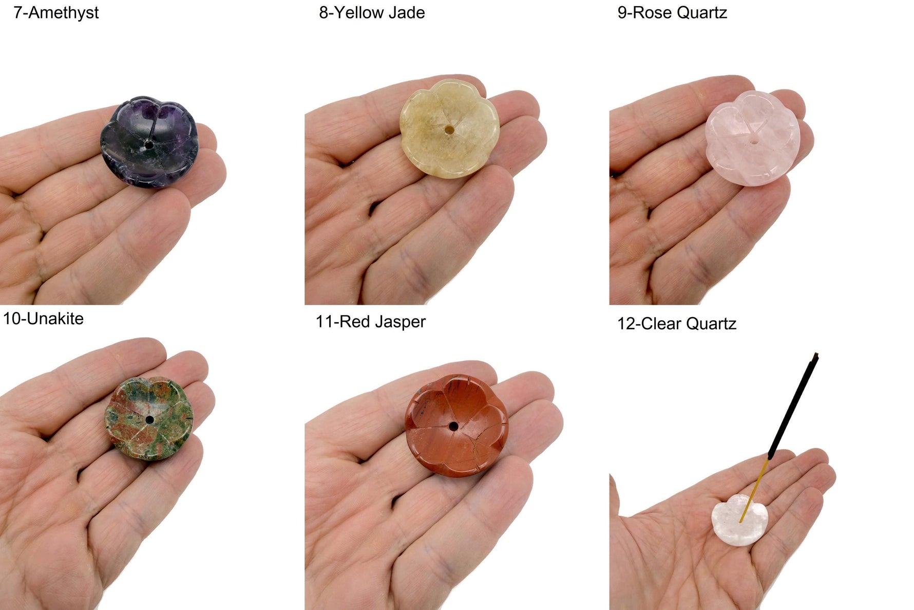 Crystal carving incense holder by GemstoneGO, flower-shaped burner for cleansing and relaxation, featuring intricate gemstone details.