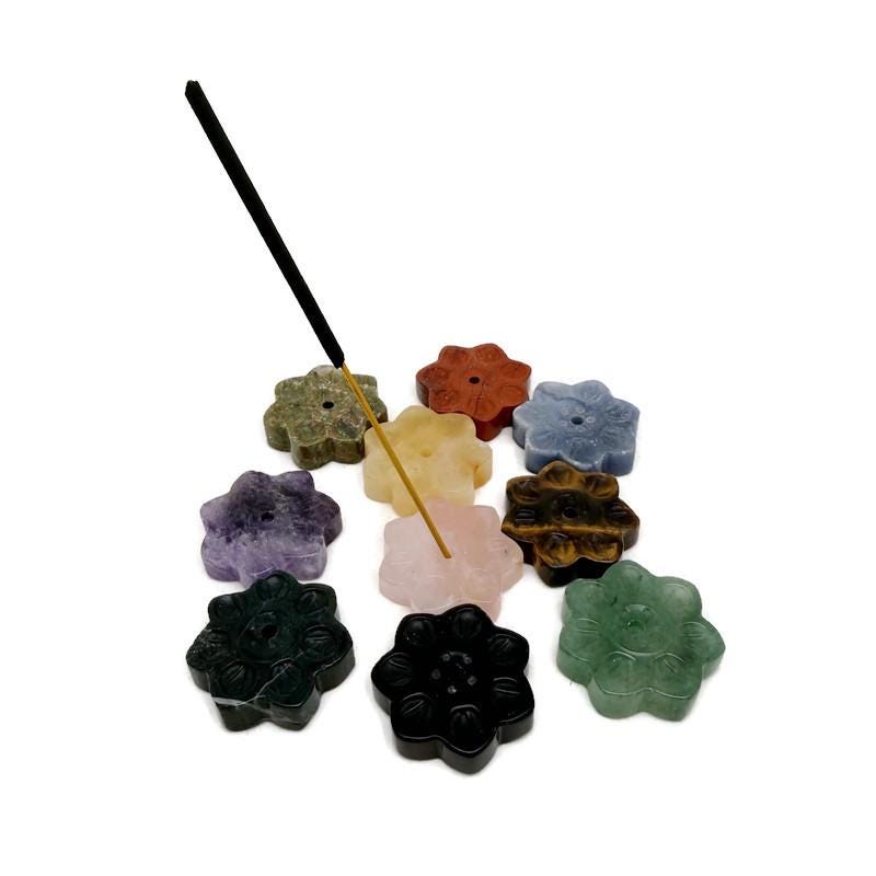 Natural Crystal Flower Incense Holder by GemstoneGO, carved gemstone stick burner for meditation and decorative use.