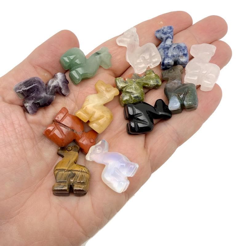 Handmade carved gemstone crystal llama animal figure, 30mm, colorful mix, detailed craftsmanship by GemstoneGO.
