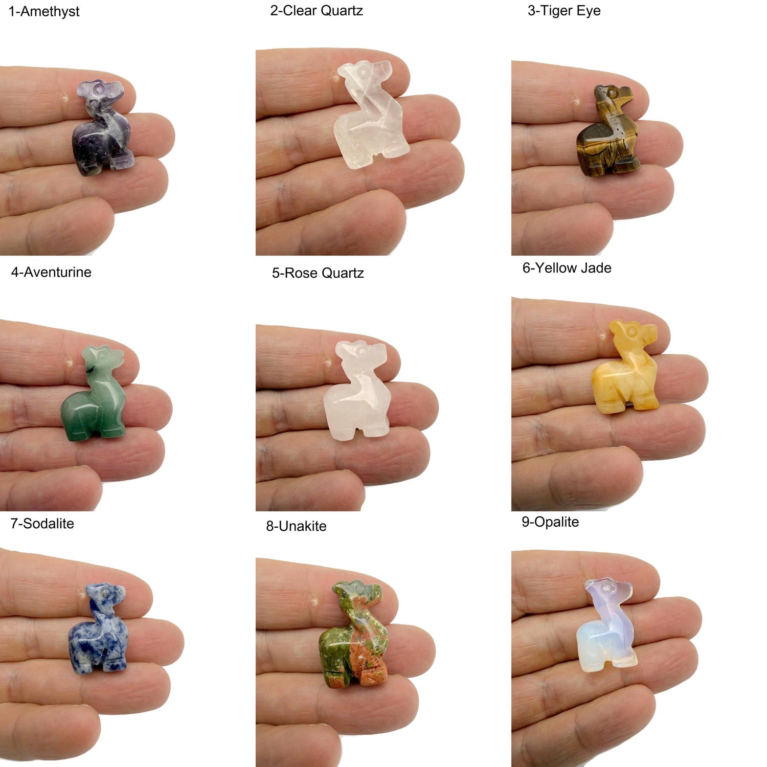 Handmade carved crystal llama animal figure from GemstoneGO, 30mm size, featuring colorful mixed gemstone details.