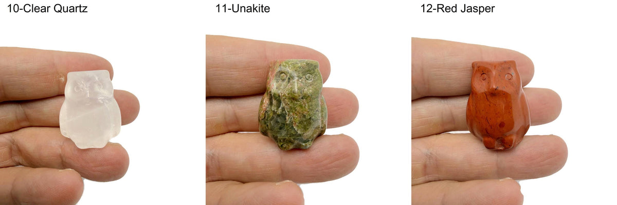 Handmade carved crystal owl animal figure, 30mm size, from GemstoneGO, showcasing intricate gemstone craftsmanship and natural stone details.