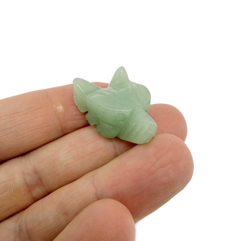 Handmade crystal wolf head animal figure carved from gemstone, 30mm size, detailed and naturalistic design by GemstoneGO.