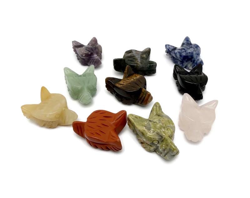 Handmade carved crystal wolf head animal figure, 30mm, in various gemstone colors from GemstoneGO.