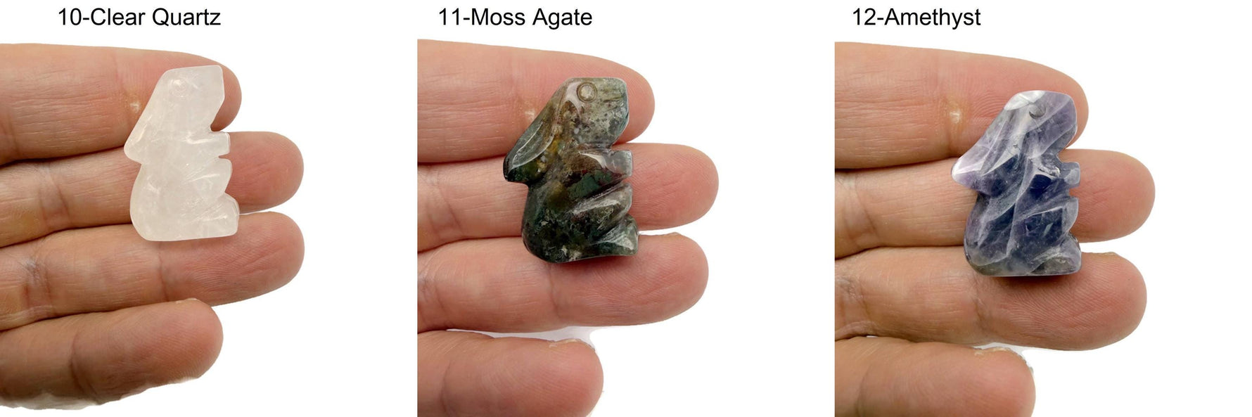 Handmade carved crystal rabbit animal figure from GemstoneGO, 30mm size, showcasing detailed craftsmanship and natural gemstone colors.