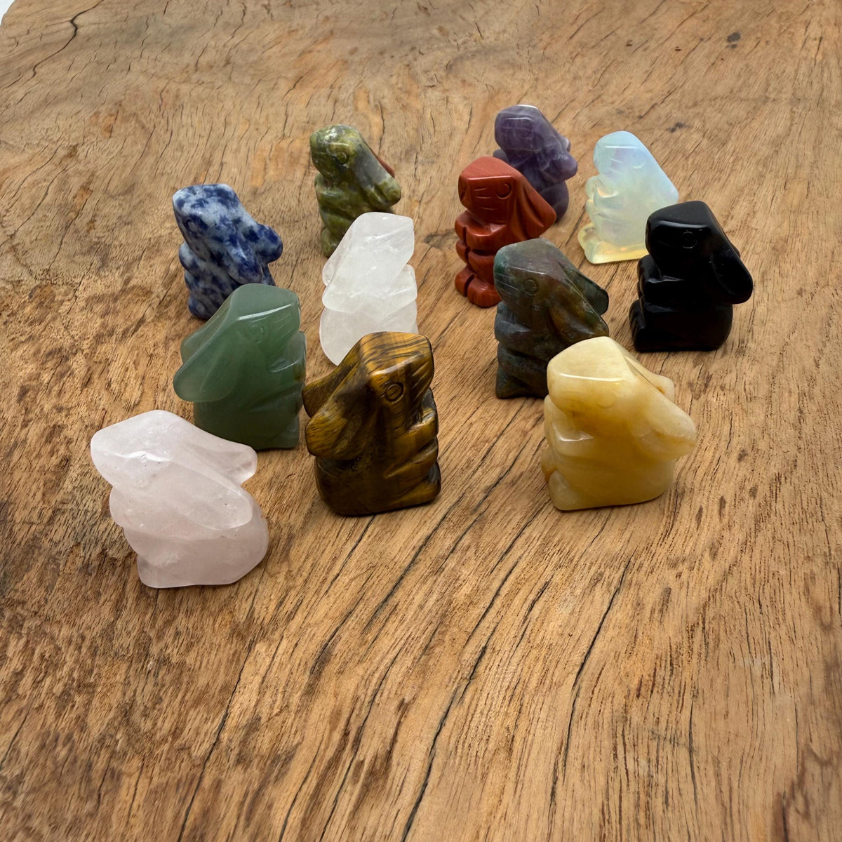 Handmade carved crystal rabbit animal figure, 30mm, with multicolor gemstone details from GemstoneGO.