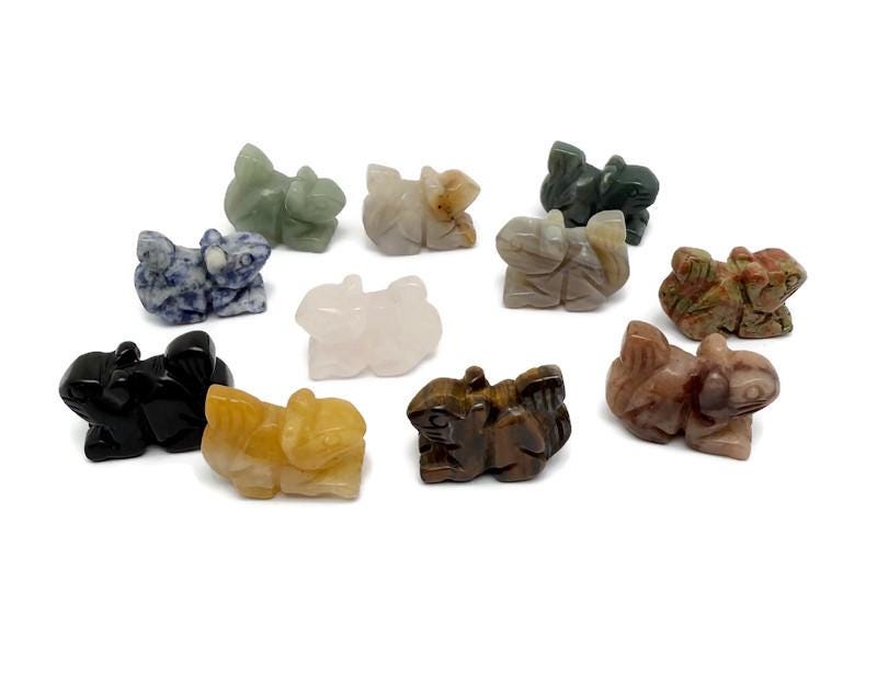 Handmade carved crystal squirrel animal figure, 30mm, with colorful gemstone details, from GemstoneGO.