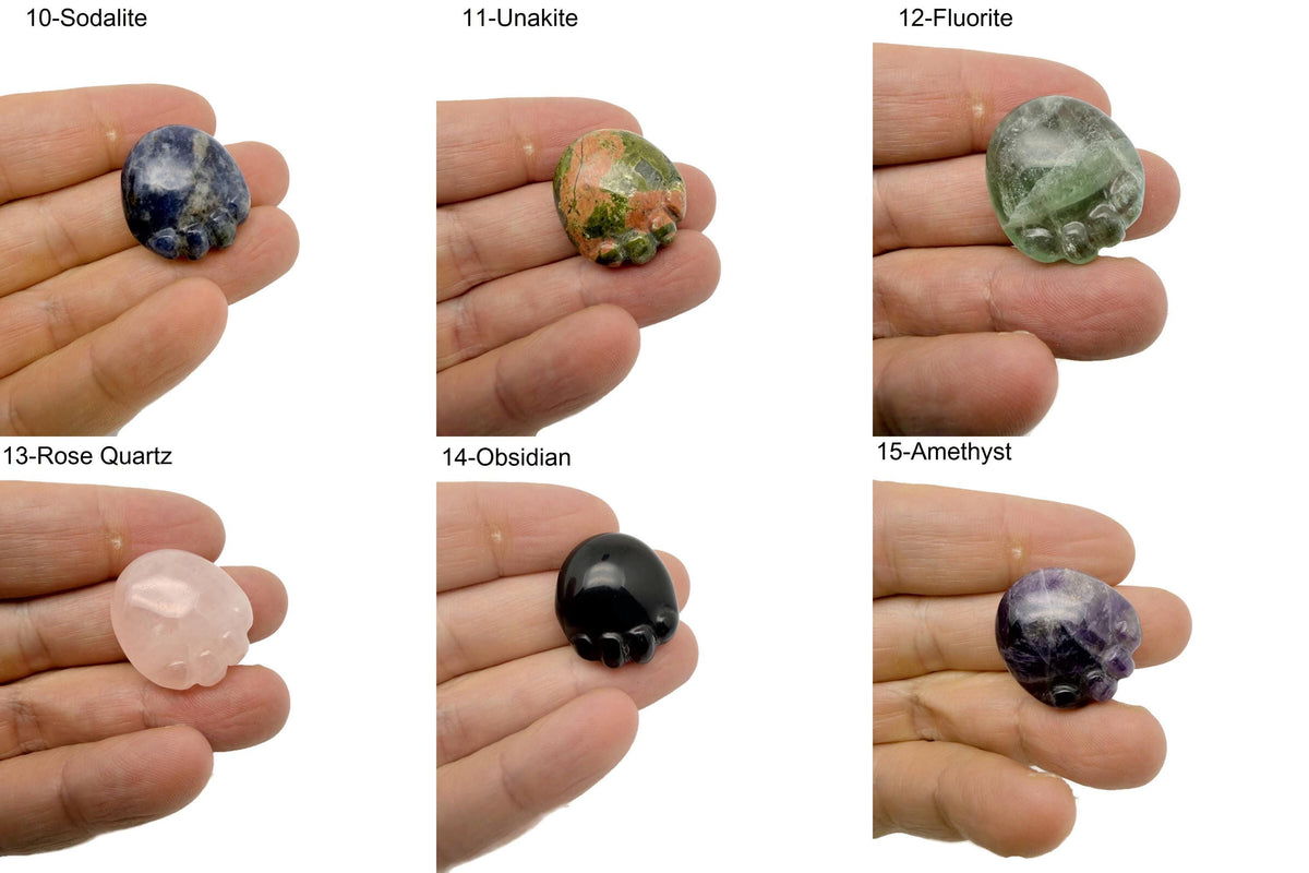 Handmade carved crystal cat paw animal figure, 25mm, gemstone gemstoneGO, in assorted mix colors, detailed natural stone craftsmanship.