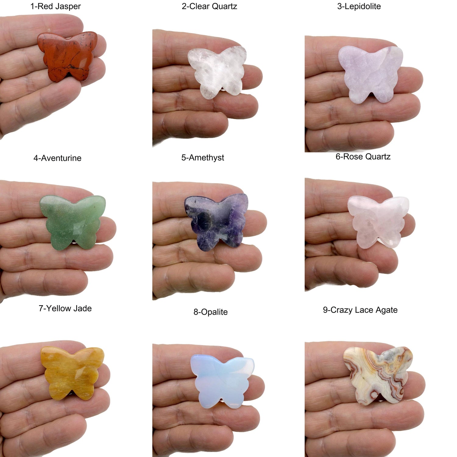 Handmade gemstone crystal butterfly animal figure, carved and detailed, measuring 35mm, from GemstoneGO.