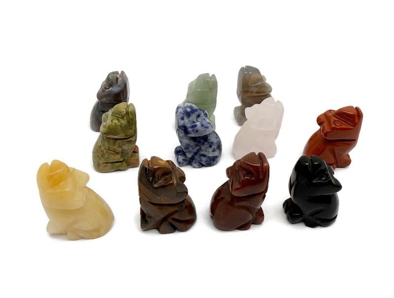 Handmade carved crystal wolf animal figure, 30mm, from GemstoneGO, featuring detailed natural gemstone craftsmanship.