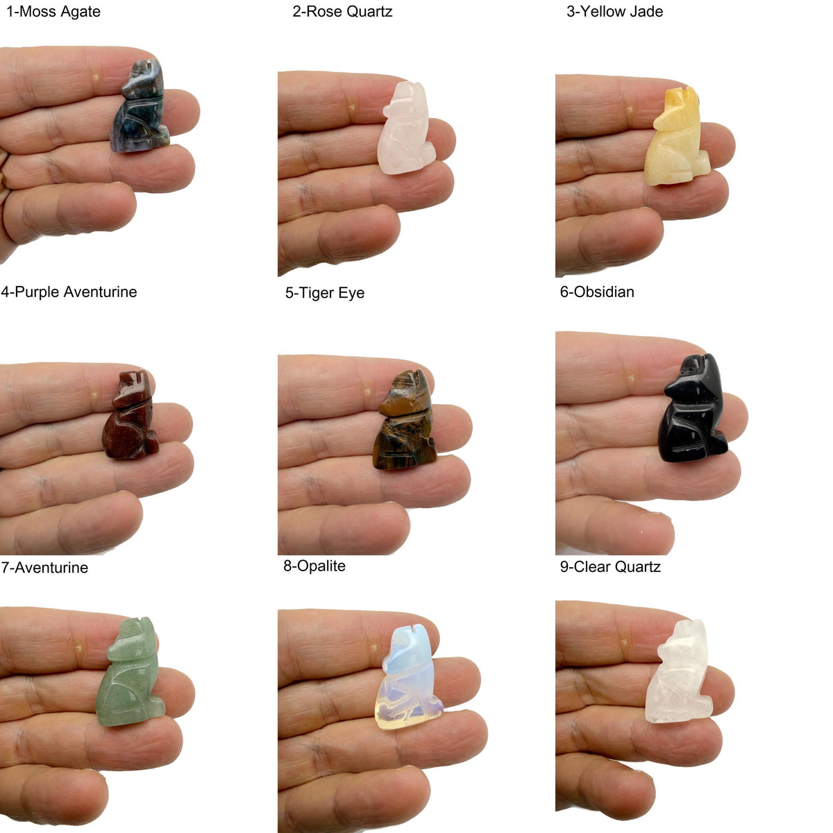Handmade 30mm crystal wolf animal figure by GemstoneGO, carved gemstone sculpture in a natural pose with mixed colors.