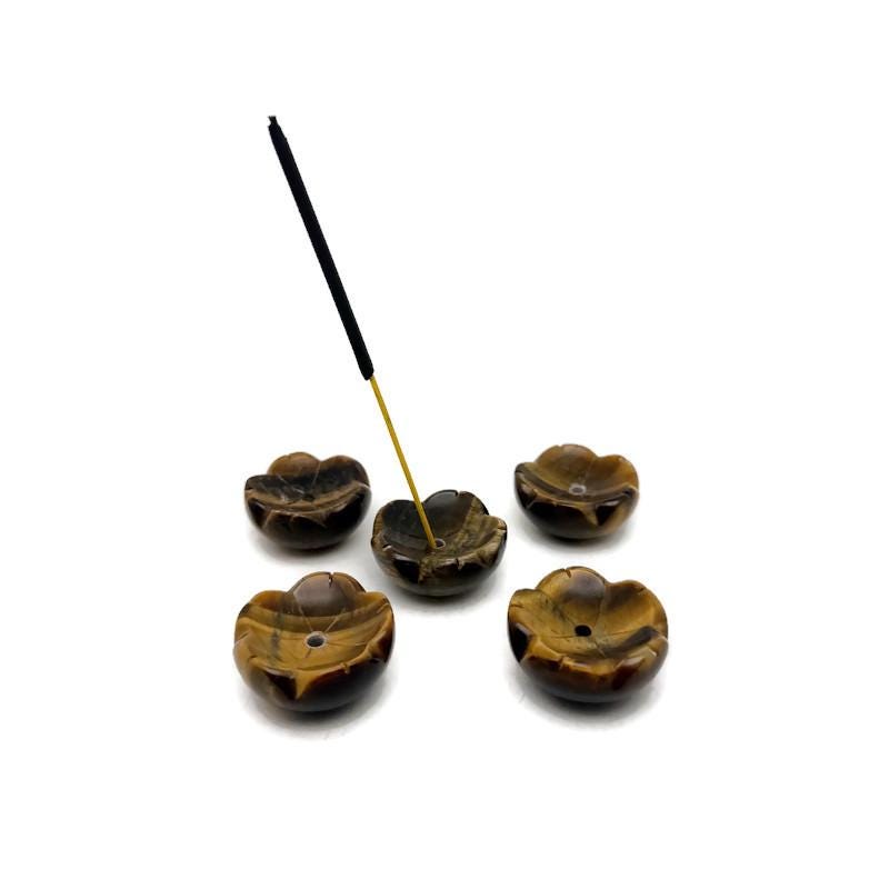 Tiger Eye crystal carving incense holder shaped like a flower, used for cleansing and relaxation, by GemstoneGO.