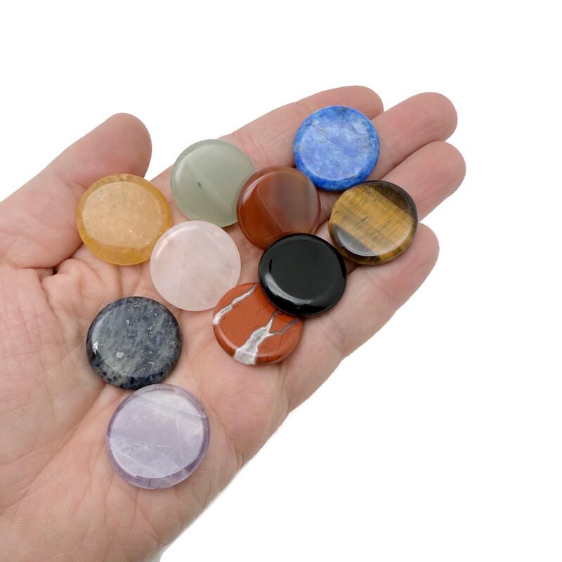 Round polished flat gemstone slab, 25mm pocket stone from GemstoneGO, smooth meditation crystal in mixed colors.