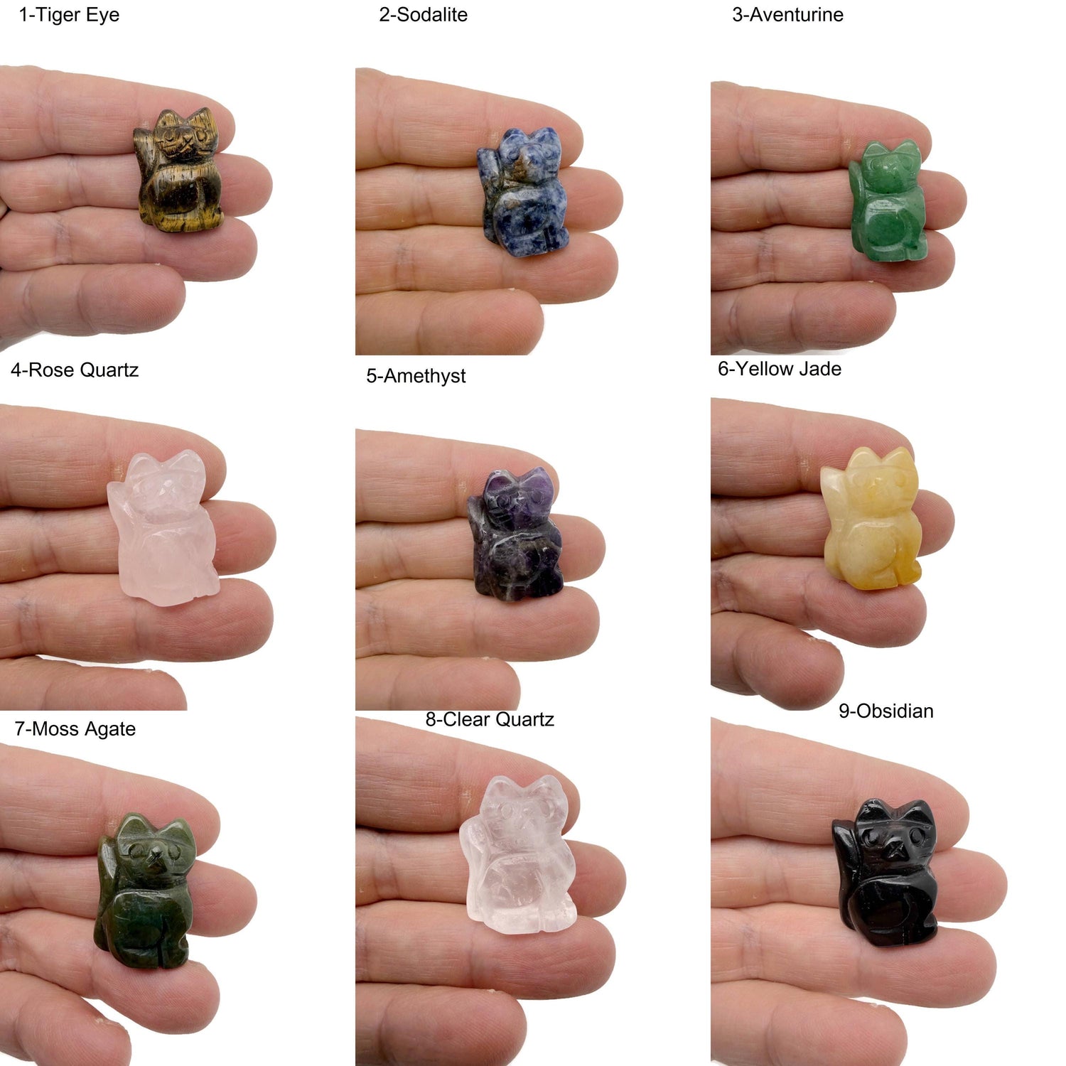 Handmade crystal cat animal figure carved from gemstone, 30mm tall, with a mix of vibrant colors and detailed craftsmanship.