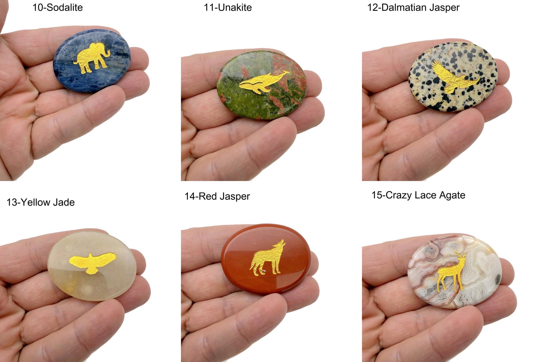 Gold crystal totem stones with engraved animal designs from GemstoneGO, showcasing polished crystal carvings with intricate animal engravings.