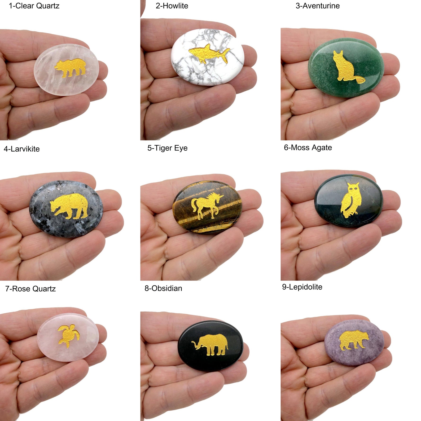 Gold crystal totem stone engraved with animal design, featuring a polished gemstone from GemstoneGO.